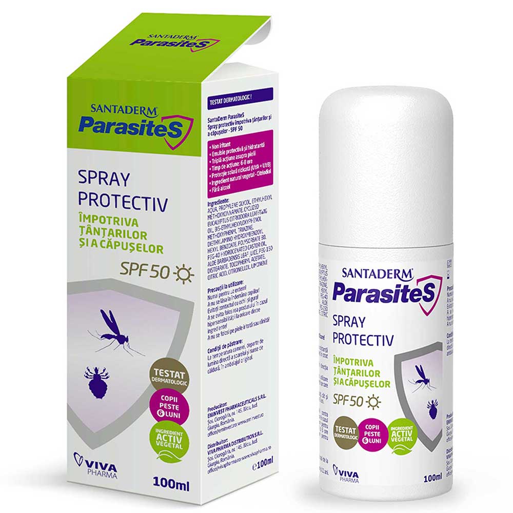 Spray protectiv impotriva tantarilor si capuselor SPF 50 Santaderm, 100 ml, Parasites