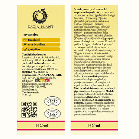 Spray Calmotusin cu Argint Coloidal, 20ml, Dacia Plant
