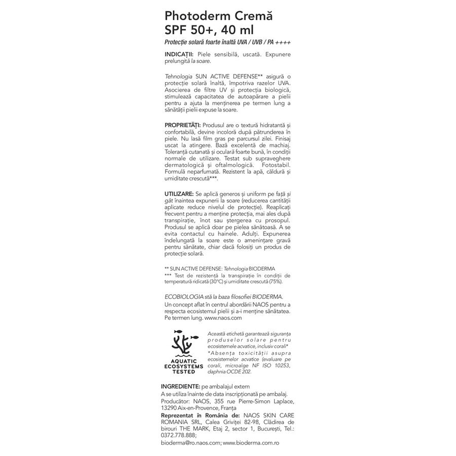 Crema pentru ten sensibil uscat cu SPF50+ Photoderm, 40ml, Bioderma