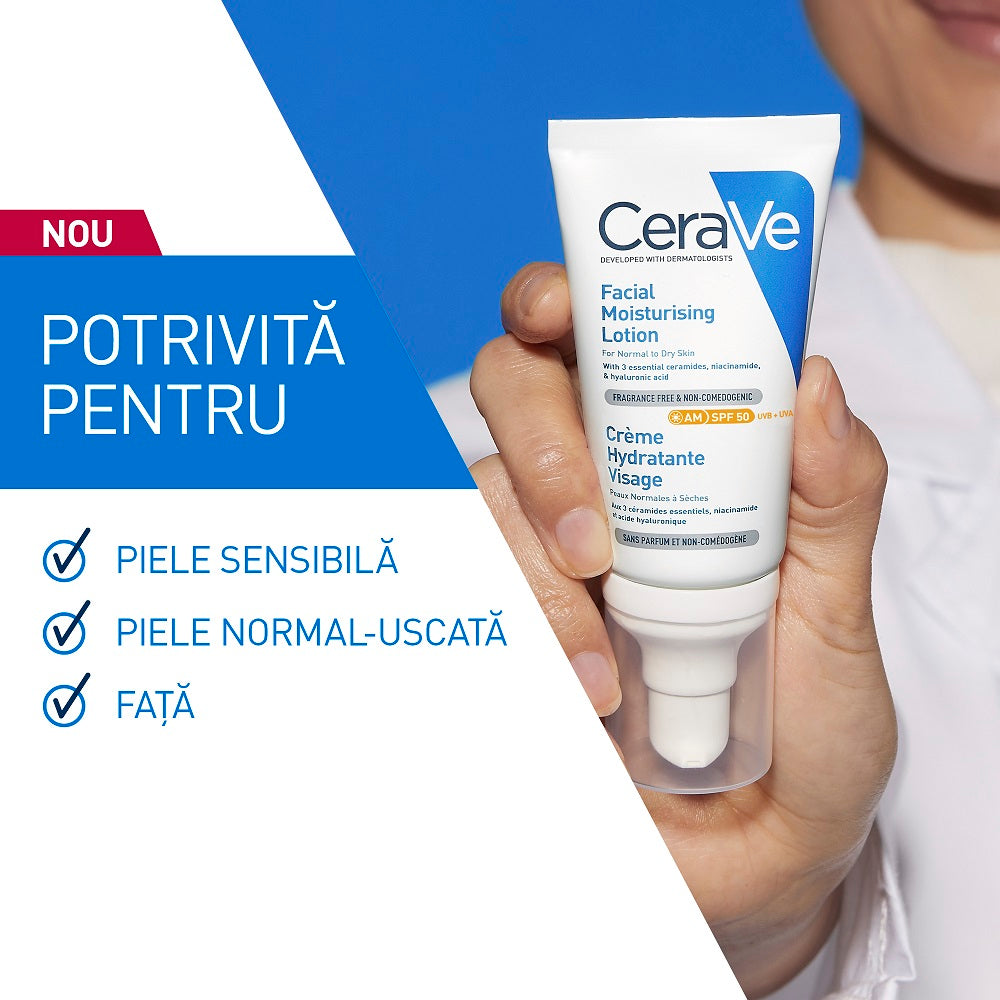 Crema hidratanta pentru ten normal-uscat cu SPF50, 52 ml, CeraVe