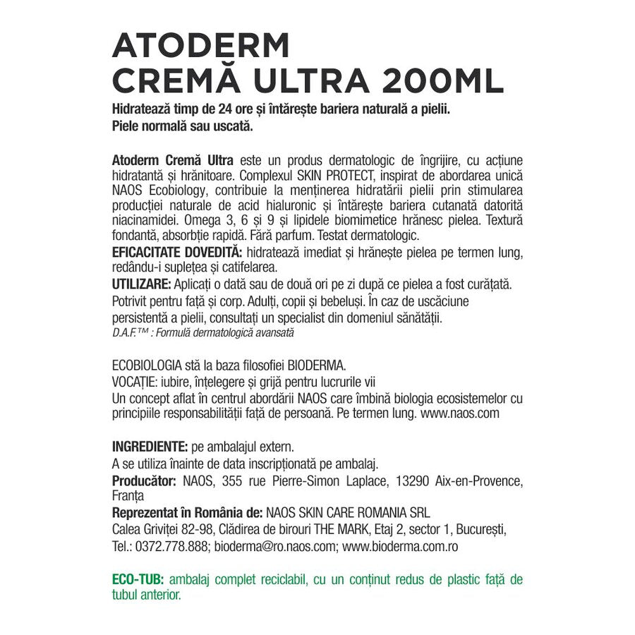 Crema pentru fata si corp Atoderm Ultra, 200 ml, Bioderma