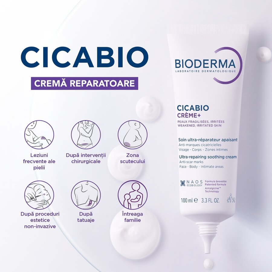 Crema reparatoare pentru leziuni superficiale, arsuri si cicatrici Cicabio Creme+, 100ml, Bioderma