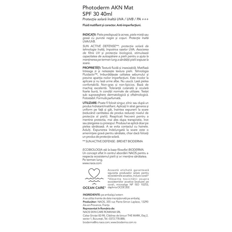 Fluid matifiant și corector Akn Mat SPF30 Photoderm, 40 ml, Bioderma