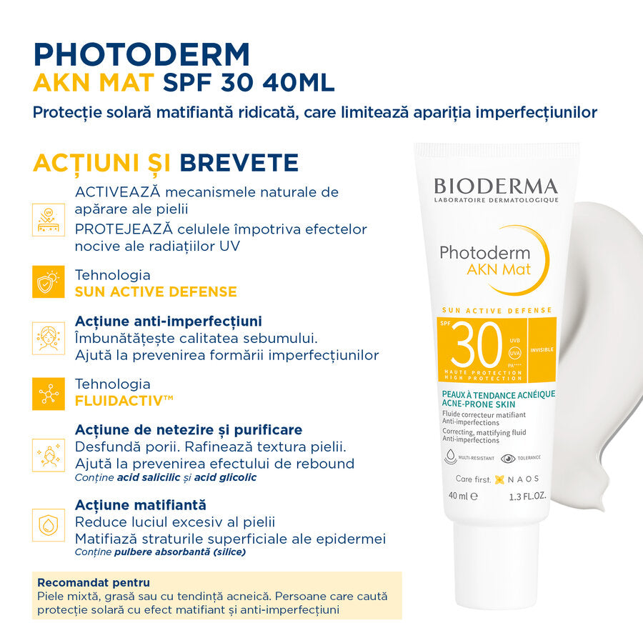Fluid matifiant și corector Akn Mat SPF30 Photoderm, 40 ml, Bioderma