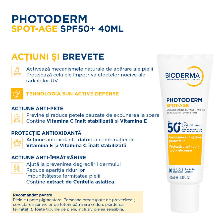 Gel-crema cu efect antioxidant impotriva petelor brune Photoderm Spot-Age, SPF50+, 40ml, Bioderma