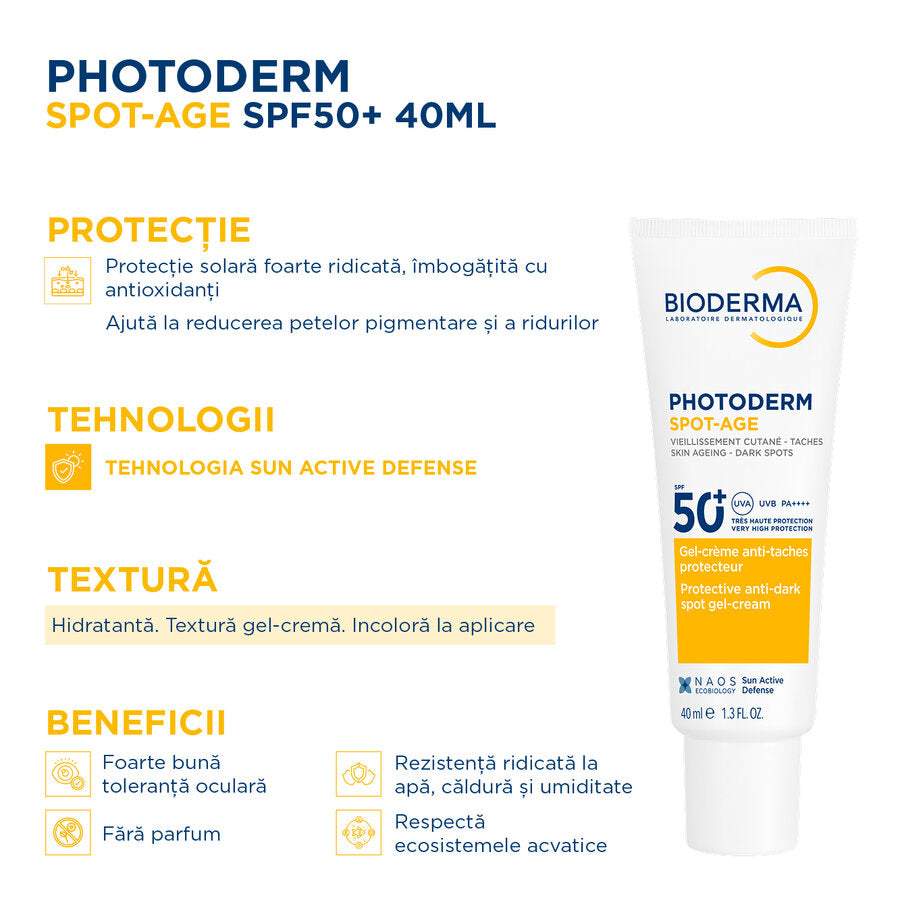 Gel-crema cu efect antioxidant impotriva petelor brune Photoderm Spot-Age, SPF50+, 40ml, Bioderma