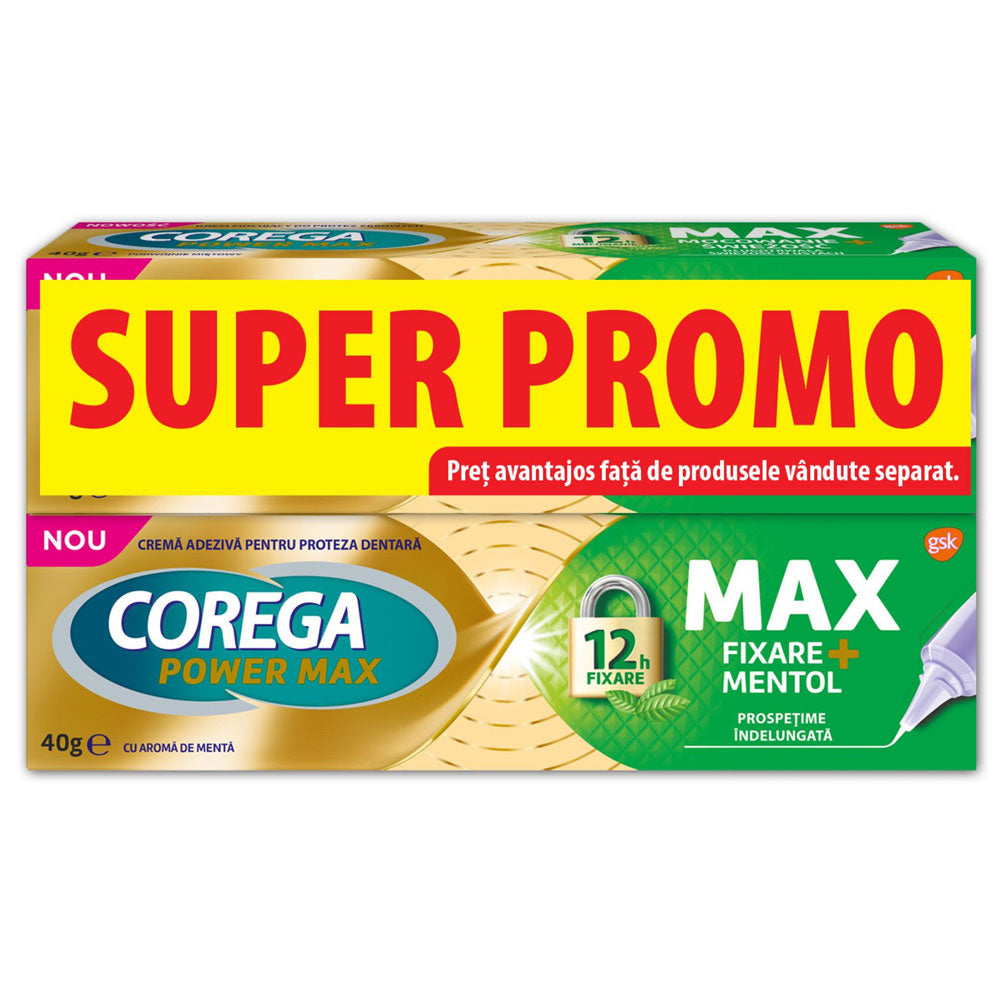 Pachet Crema adeziva pentru proteza Power Max Fixare + Mentol, 2 x 40g, Corega