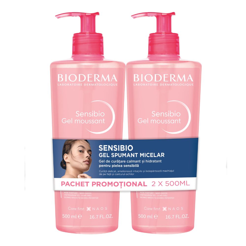 Pachet Gel spumant calmant si hidratant Sensibio 2x500 ml, Bioderma