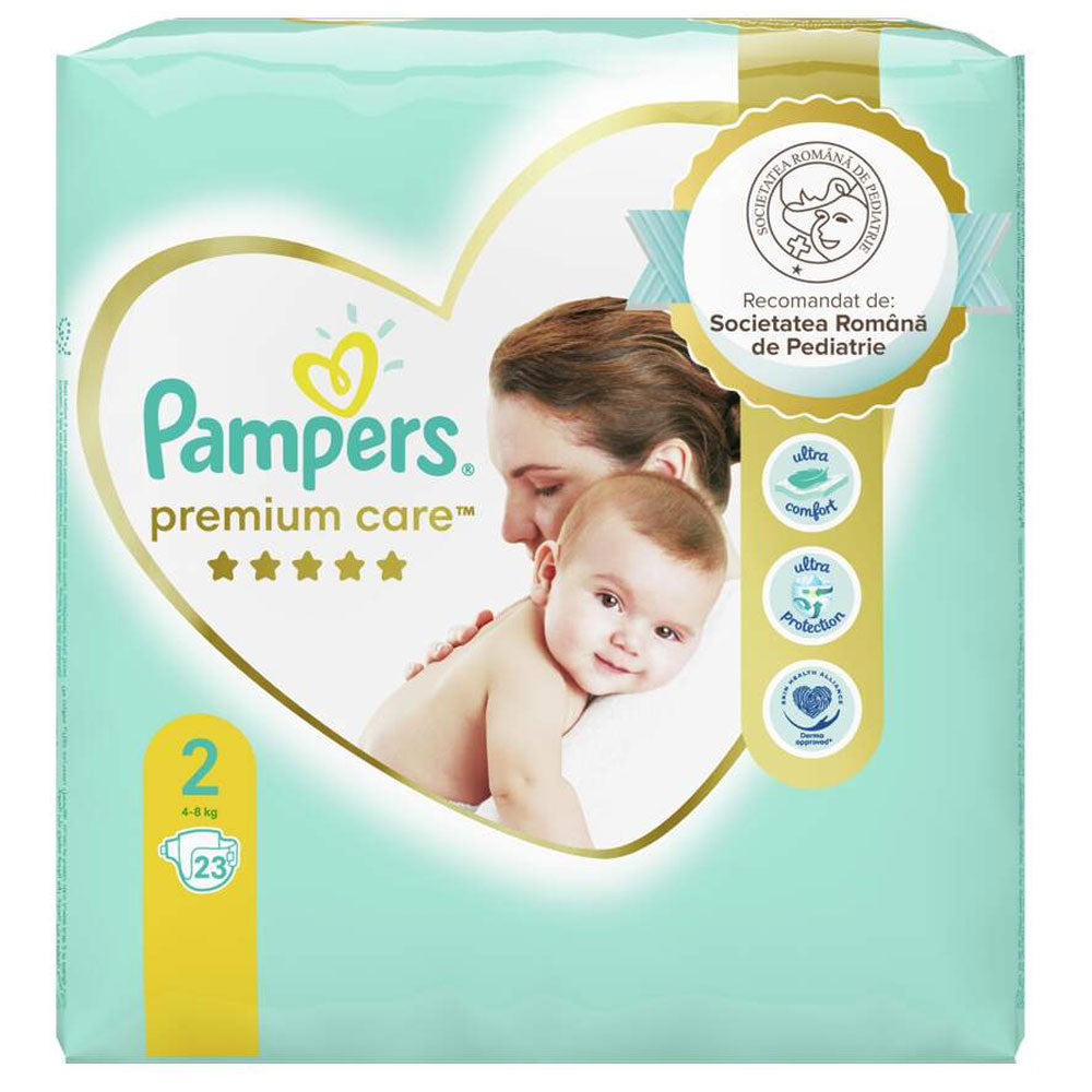 Scutece pentru bebelusi Premium Care, Marimea 2, 4-8kg, 23 Bucati, Pampers