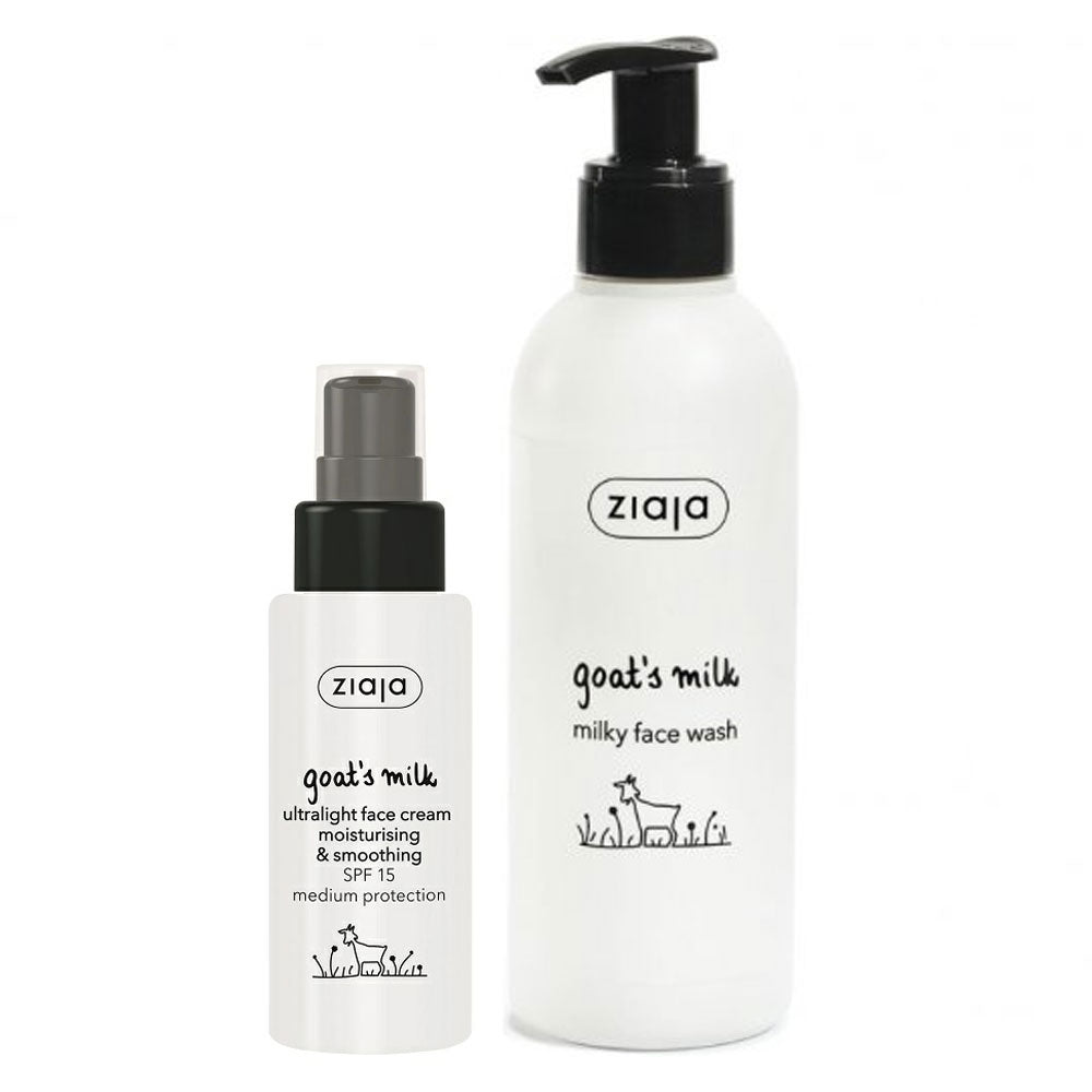 Pachet Crema de fata ultra light cu lapte de capra si SPF 15, 50 ml, Ziaja + Lapte pentru spalare si curatare fata, 200 ml, Ziaja