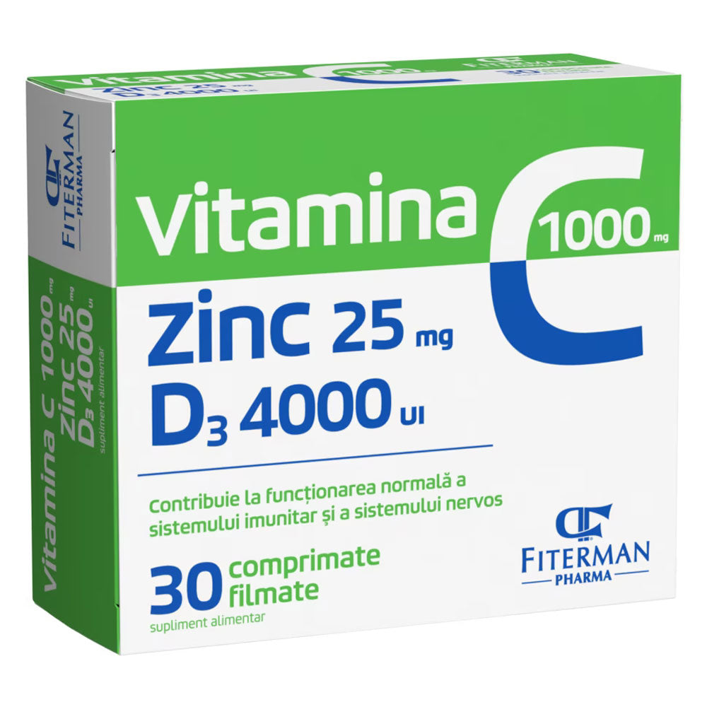 Vitamina C 1000mg + Zinc 25mg + Vitamina D3 4000UI, 30 Comprimate, Fiterman Pharma